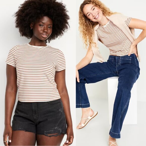 NEW NWT Old Navy Bestee Crewneck white stripe t-shirt tan brown size L Large - Picture 1 of 3